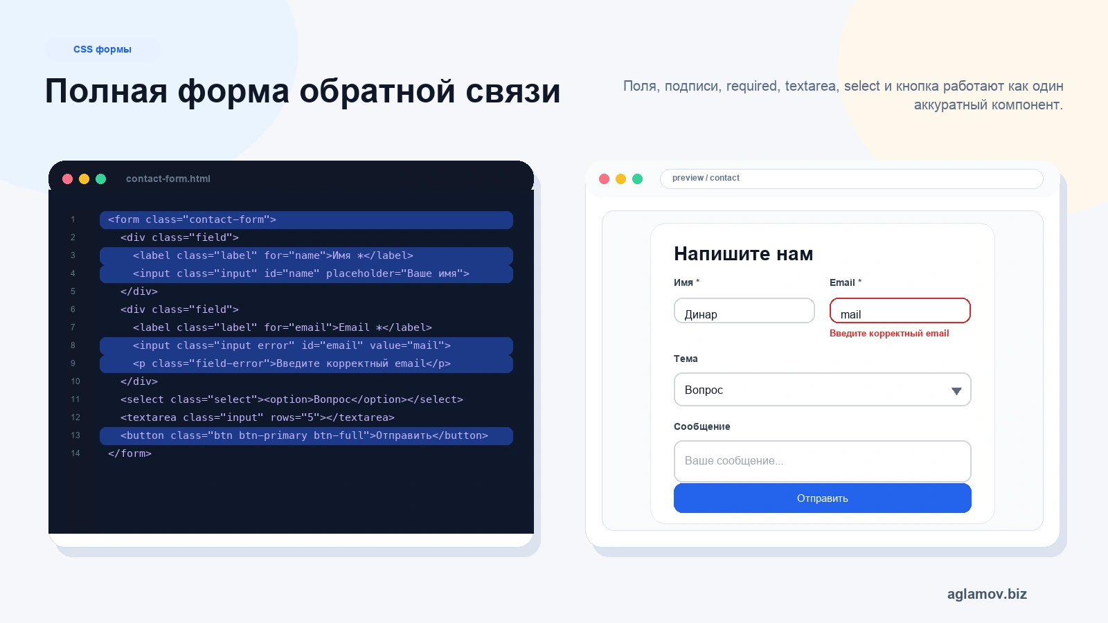Форма обратной связи HTML CSS: label input select textarea required submit button