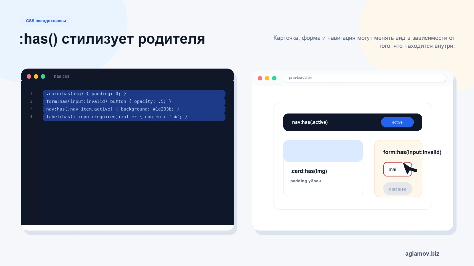 Псевдокласс CSS has стилизует родителя по потомку card has img form has invalid nav has active