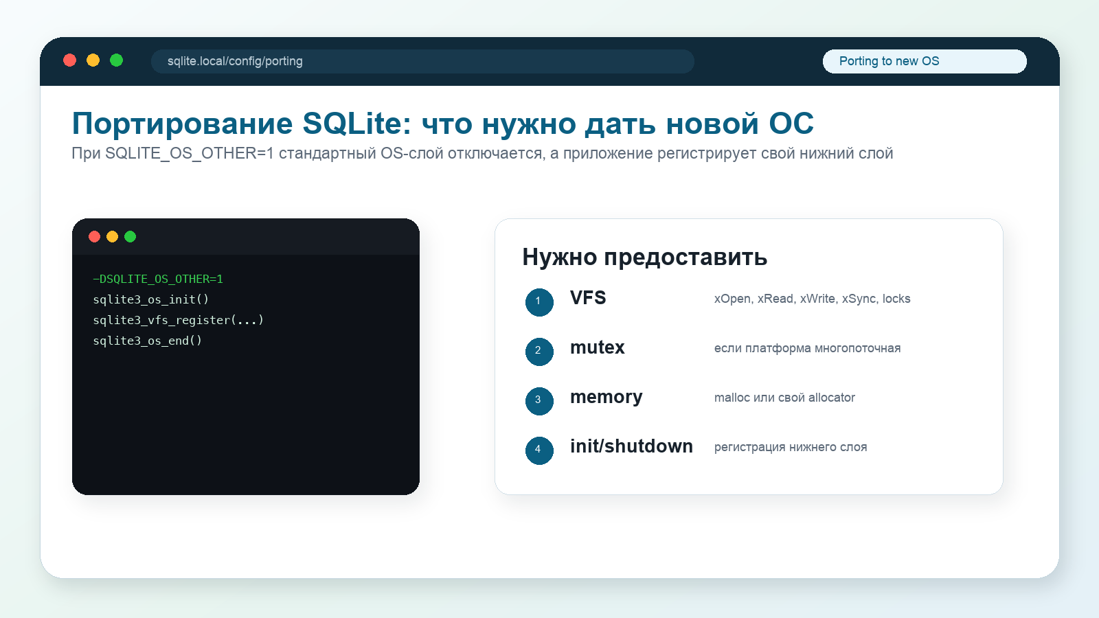 Схема портирования SQLite на новую операционную систему через SQLITE_OS_OTHER, sqlite3_os_init, VFS, mutex и memory