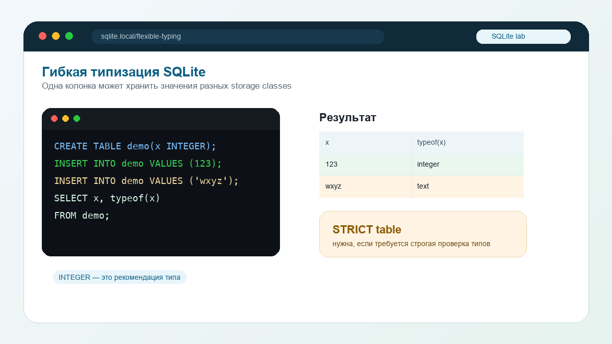 Пример гибкой типизации SQLite: в INTEGER-столбце сохраняются integer и text значения