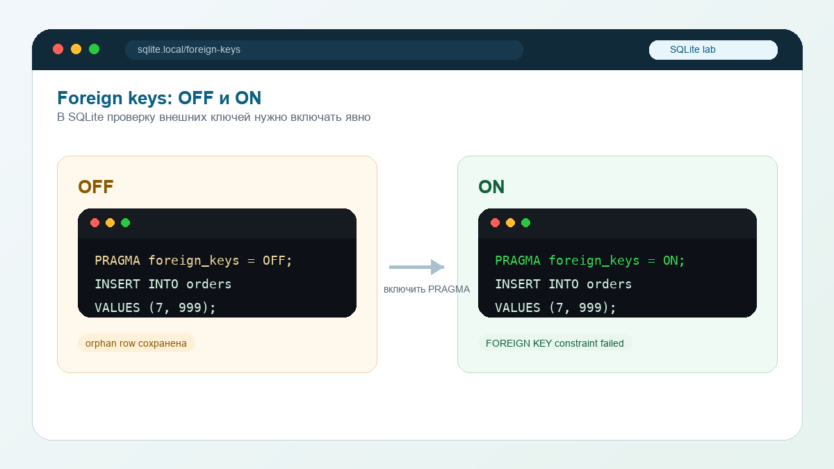 Пример PRAGMA foreign_keys OFF и ON в SQLite: без проверки сохраняется orphan row, с проверкой возникает ошибка