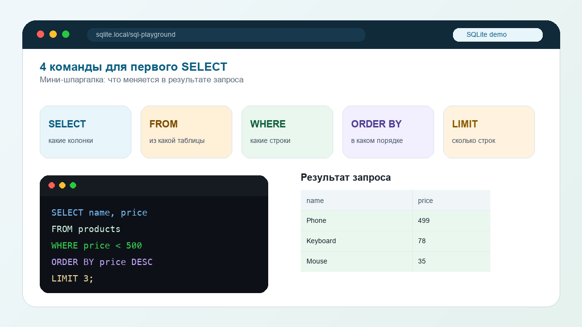 Мини-шпаргалка по SELECT FROM WHERE ORDER BY LIMIT в SQLite с результатом запроса